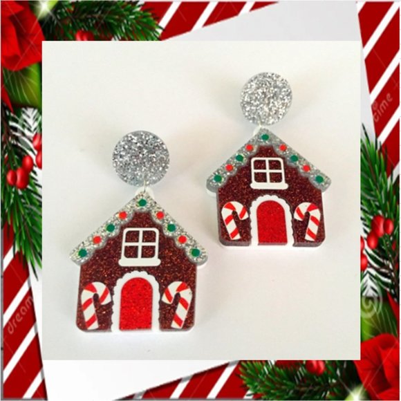 🍏50% OFF/3+...Glittering Acrylic Gingerbread House Dangle Christmas Earrings - Picture 7 of 7